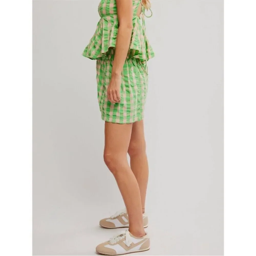 New Free People Get Free Seersucker Green and Pink Checkered pull on Shorts